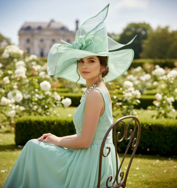 M23157 Mint Green Wide-Brim Sinamay Hat with Jumbo Bow - Kentucky Derby | Royal Ascot | Wedding | Garden Party | Church | Easter M23157 Mint Green Wide-Brim Sinamay Hat with Jumbo Bow - Kentucky Derby | Royal Ascot | Wedding | Garden Party | Church | Easter