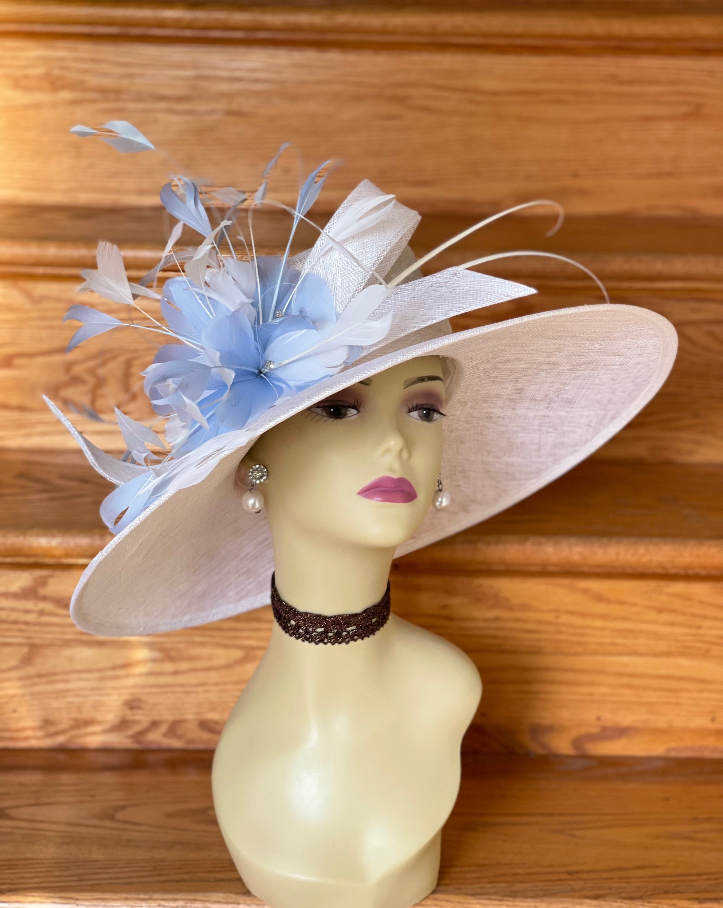 M935 White/light Blue Wide-brim Sinamay Hat – Kentucky Derby  display picture 3