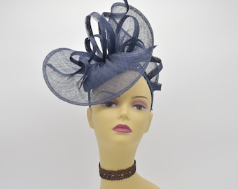 M8123 ( Navy Blue ) Kentucky Derby, Wedding, Easter, Tea Party, Royal Ascot Sinamay Base with Ribbon, Headband Large Fascinator Cocktail