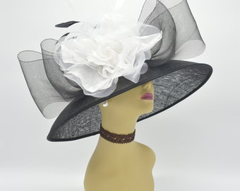 SD09(Black/White) Kentucky Derby Church Wedding Easter Royal Ascot Tea Party Jumbo Crin Bow & 12" Silk Flower Wide Brim Sinamay Hat