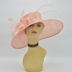 M97 (Pfirsich) Kentucky Derby Hut, Kirchenhut, Hochzeitshut, Osterhut, Teepartyhut, formeller Hut Federblume Sinamay mit breiter Krempe