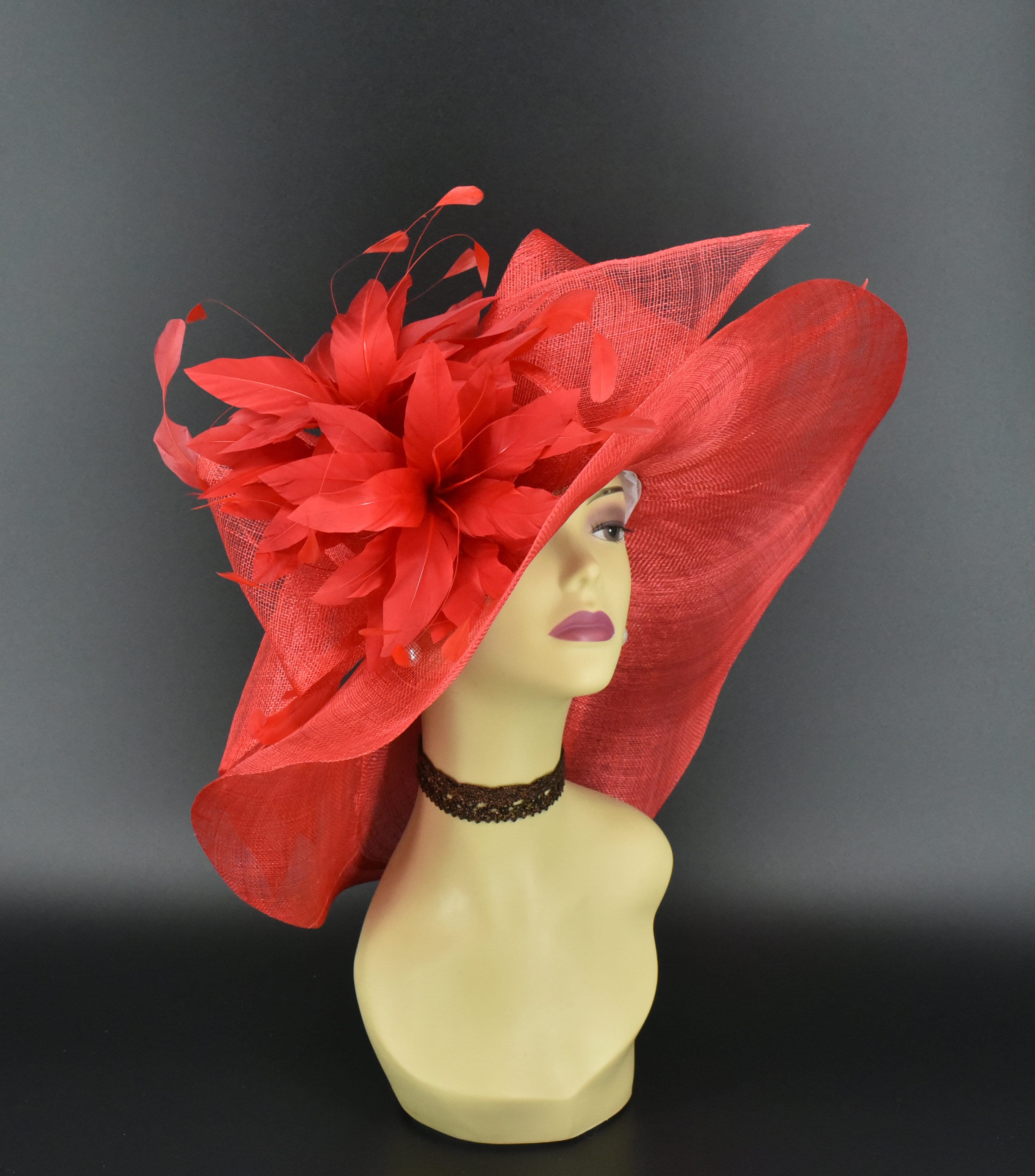 Angela & William Red Church Wedding Hat w Front Bow Feather M4003 ( Red hat ) Kentucky Derby hat, Church hat, Wedding  main image 2