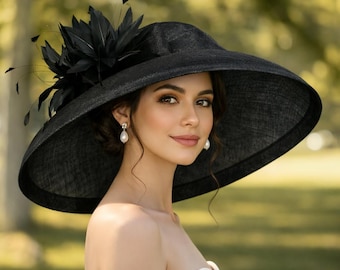 M22025F Black – Audrey Hepburn Hat | 19.75” Jumbo Wide-Brim Sinamay Derby Hat