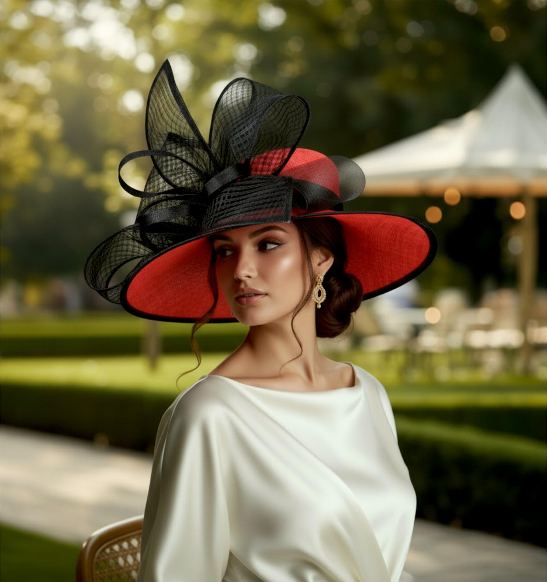 M22021( Red Black ) Kentucky Derby Hat, Wedding Hat, Easter Hat