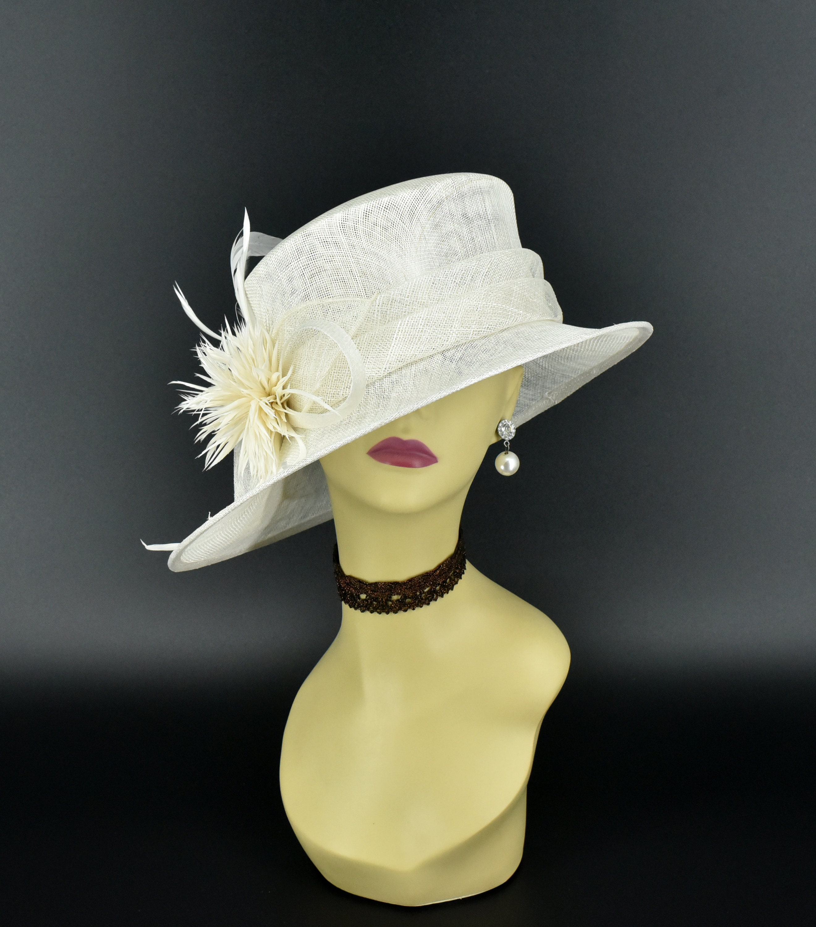 SF05 Off white Hat Kentucky Derby Hat Church Hat Wedding Hat Carriage Hat Tea Party Hat With Feather Flower Small Brim Sinamay Hat Etsy