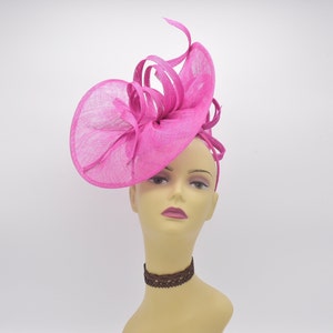 M8123(Fuschia) Kentucky Derby, Wedding, Easter, Tea Party, Royal Ascot Sinamay Base with Sinamay Ribbons, Headband Large Fascinator Cocktail