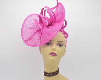M8123(Fuschia) Kentucky Derby, Wedding, Easter, Tea Party, Royal Ascot Sinamay Base with Sinamay Ribbons, Headband Large Fascinator Cocktail