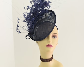 MF12 ( Navy Blue ) Kentucky Derby, Wedding, Tea Party Royal Ascot Sinamay Base feather bouquet, Headband Large Fascinator Cocktail