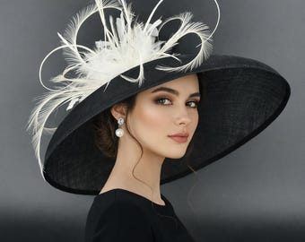 Black Hat with large elegant bow trimmed with white stitching! Stunning! s-l400.jpg main image 2