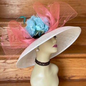 SD08 -2 (Ivory/Coral/Turquoise )Kentucky Derby Hat, Church Hat, Wedding Hat, Easter Tea Party hat Big Bow Silk Flower Wide Brim Sinamay Hat