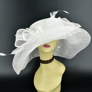 M22019 (Off-white hat ) Kentucky Derby hat Church hat Wedding hat Tea Party hat Big Bow & Long Feathers Sinamay Floppy Wide Brim Hat