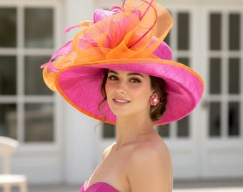 Hot Pink Kentucky Derby Hat, Oaks: Orange Feather Ascot  display picture 2