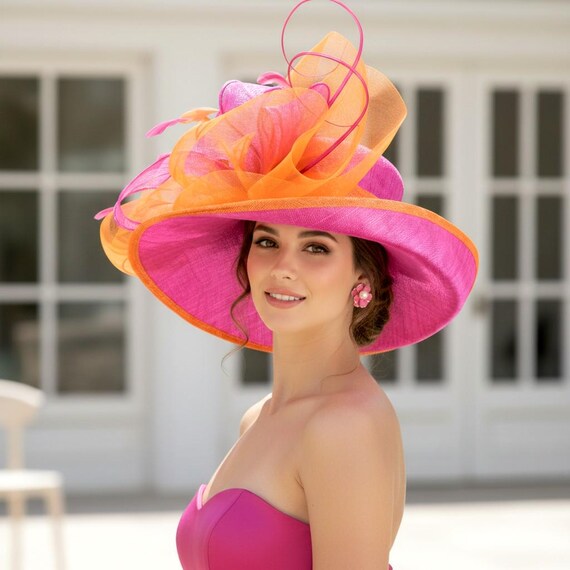 M22020( Fuchsia/orange Hat)kentucky Derby Hat, Wedding  display picture 3