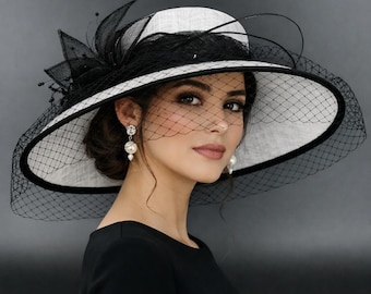 Wide Brim Derby Hat Adjustable Formal Fascinator for Church Wedding Tea Party HIMESPORT Beige Wide Brim Wedding Derby Fascinator Fedora  main image 2
