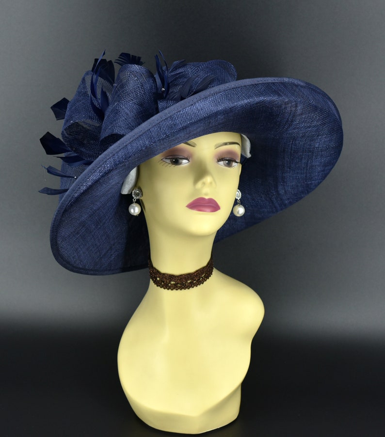M4002 Navy blue hat Kentucky Derby hat, Church hat, Wedding hat, Easter hat, Mother of Bride hat, Royal Ascot hat, Med Brim Sinamay Hat image 4