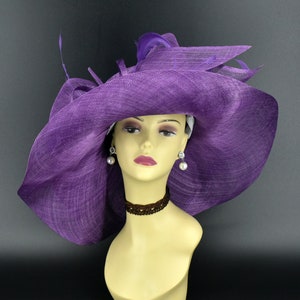 M22019 ( Purple hat ) Kentucky Derby hat Church hat Wedding hat Tea Party hat Big Bow & Long Feathers Sinamay Floopy Wide Brim Hat