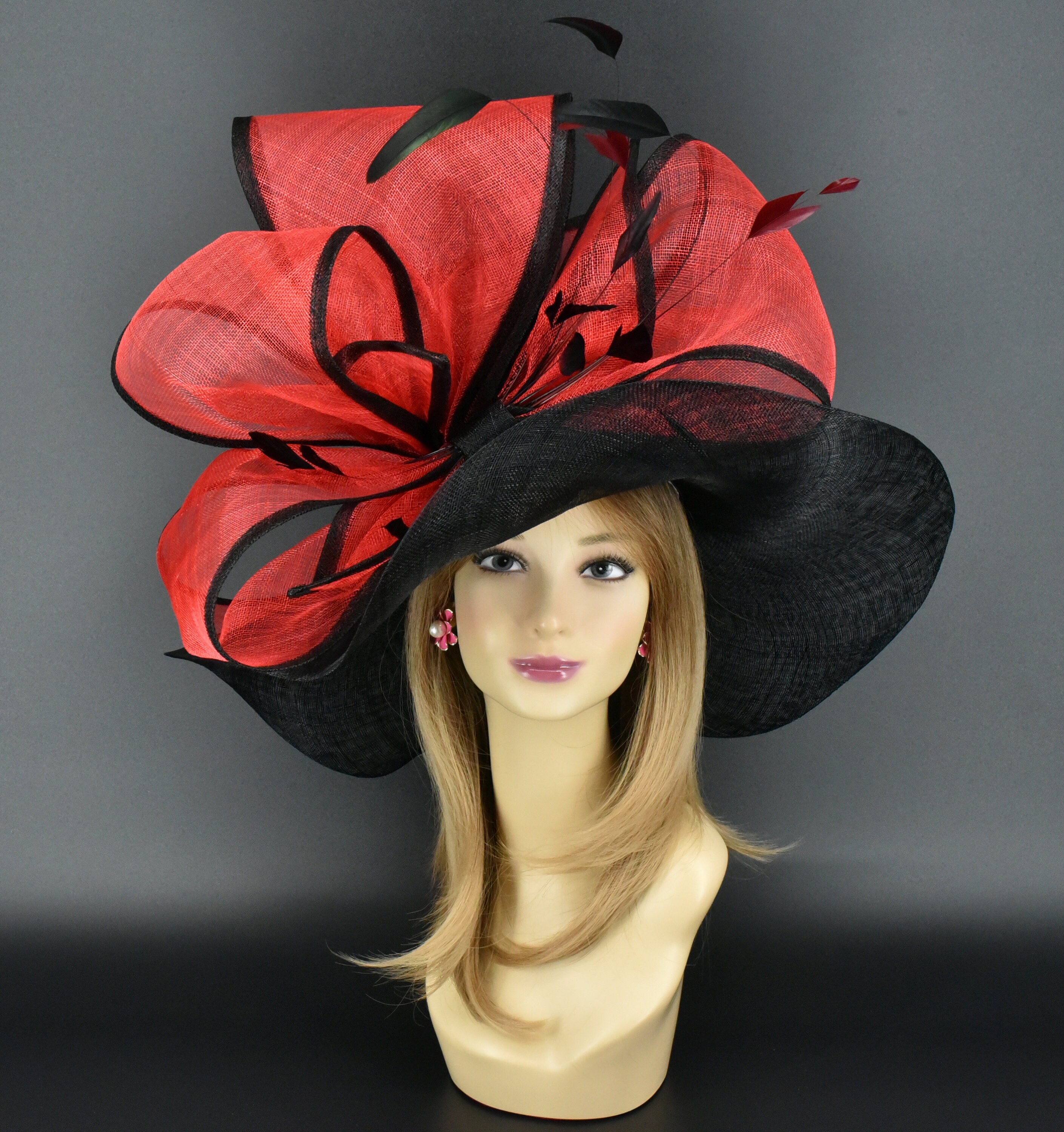 SD28A Red Black Hat Kentucky Derby Hat Church Hat Wedding Hat Eater Hat Tea Party Hat Race Hat Jumbo Bow Wide Brim Sinamay Hat