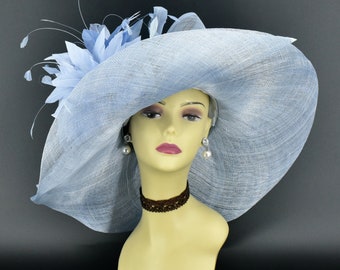 M22019F ( Powder blue hat ) Kentucky Derby hat Church hat Wedding hat Tea Party hat Big Bow & Feather Flower Sinamay Floopy Wide Brim Hat
