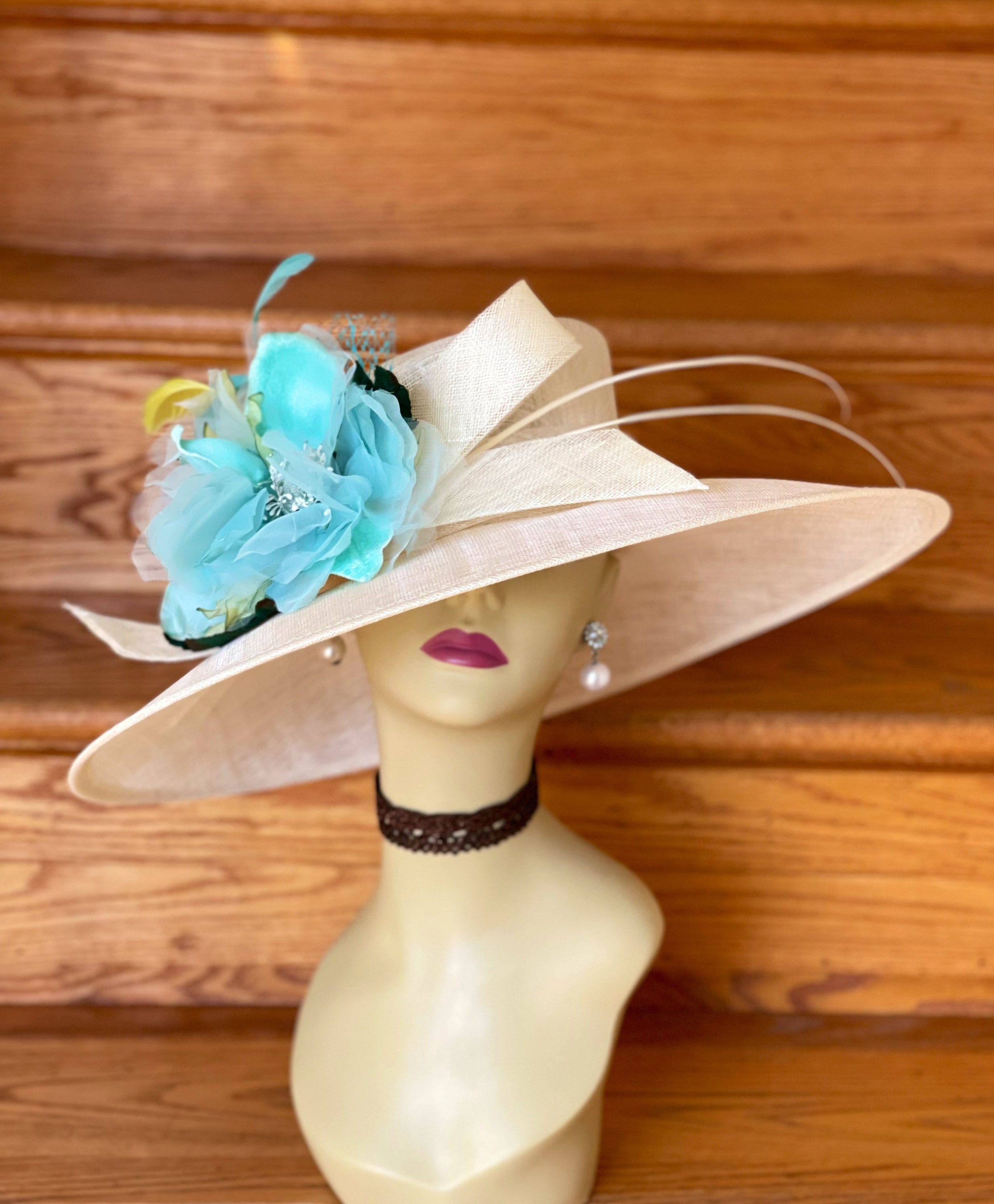M938( Ivory Turquoise Hat ) Kentucky Derby Hat Wedding Hat 