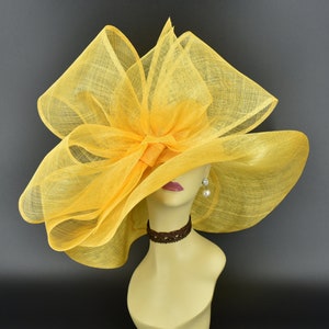 SD28A ( Yellow gold hat ) Kentucky Derby Hat, Church Hat, Wedding Hat, Eater hat, Tea Party Hat, Race hat Jumbo Bow Wide Brim Sinamay Hat