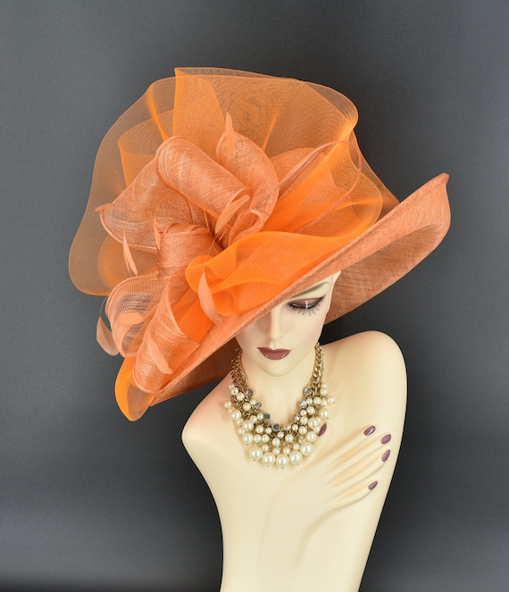 M22020( Orange Hat)kentucky Derby Hat, Wedding Hat, Royal  display picture 3