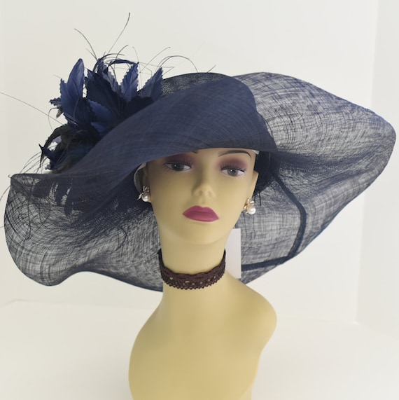 M508 (Navy hat ) Kentucky Derby hat, Church hat, Wedding hat, Tea Party hat with Jumbo Feather Flower Floopy Wide Brim Sinamay Hat