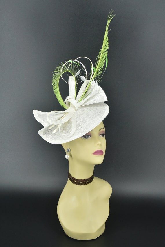 M813 ( White Lime Green Fascinator ) Kentucky Derby, Wedding