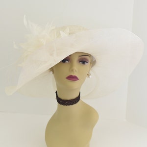 M508 ( Ivory hat ) Kentucky Derby hat, Church hat, Wedding hat, Tea Party hat with Jumbo Feather Flower Floopy Wide Brim Sinamay Hat