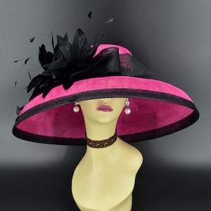 M22025F ( Dark Fuchsia Black hat ) Audrey Hepburn Hat with Double feather flowers, 19.75&quot; Jumbo Wide Brim Sinamay Hat