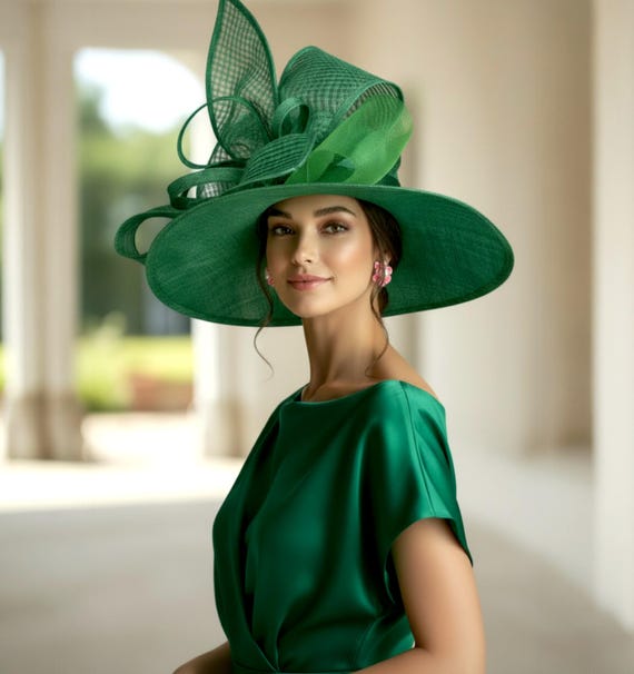 Elegant Royal Blue Wide-Brim Hat with Green Bow Carmen Wide Brim Satin Bow Church Hat | Whittall & Shon  main image 4