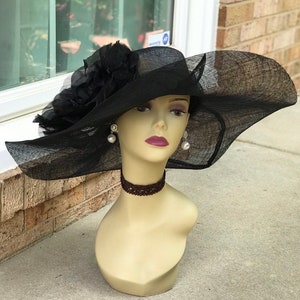 M509 ( Black ) Kentucky Derby hat, Church hat, Wedding hat, Tea Party hat Jumbo 22" Silk Flower Floopy Wide Brim Sinamay Dress Hat