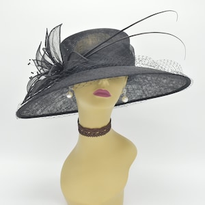 M489( Black )Kentucky Derby Hat, Church Hat, Wedding Hat, Easter Hat, Tea Party Hat, Formal Hat & Net Wide Brim 3 Layers Woman Sinamay Hat