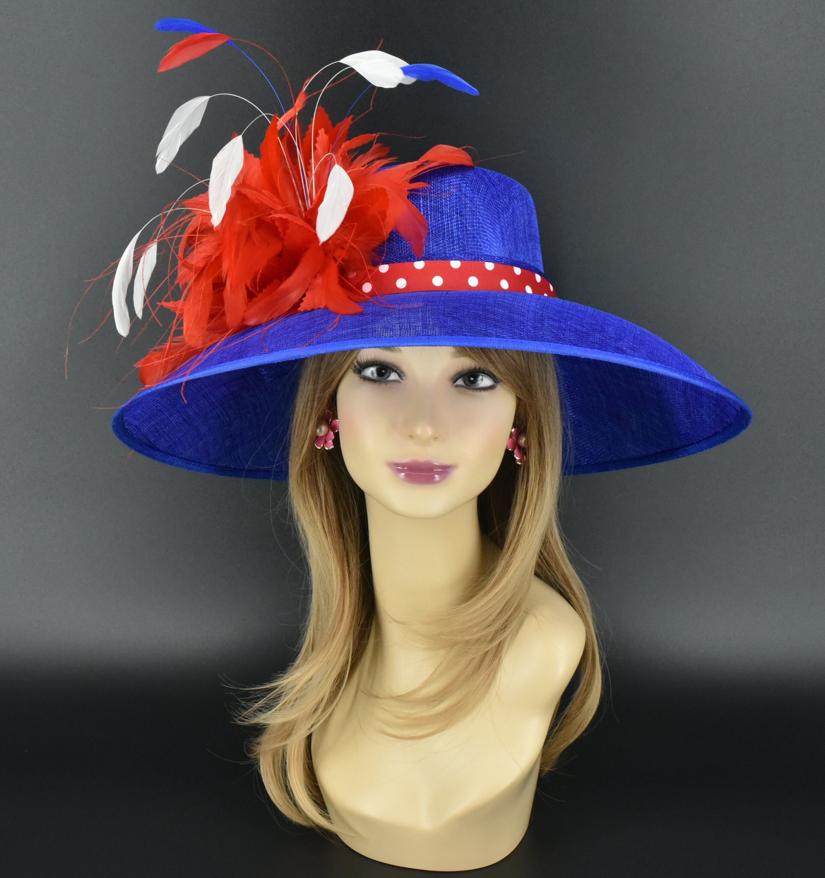 Kentucky Derby Hat Red Fascinator Royal Blue Sequin Floral Sinamay Button Base kentucky derby hat fascinator royal blue sinamay with red  main image 4