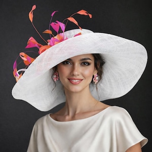 SD515( White+More colors Options)Kentucky Derby hat, Church hat, Wedding hat Tea Party hat Jumbo Feather Flower Floopy Wide Brim Sinamay Hat