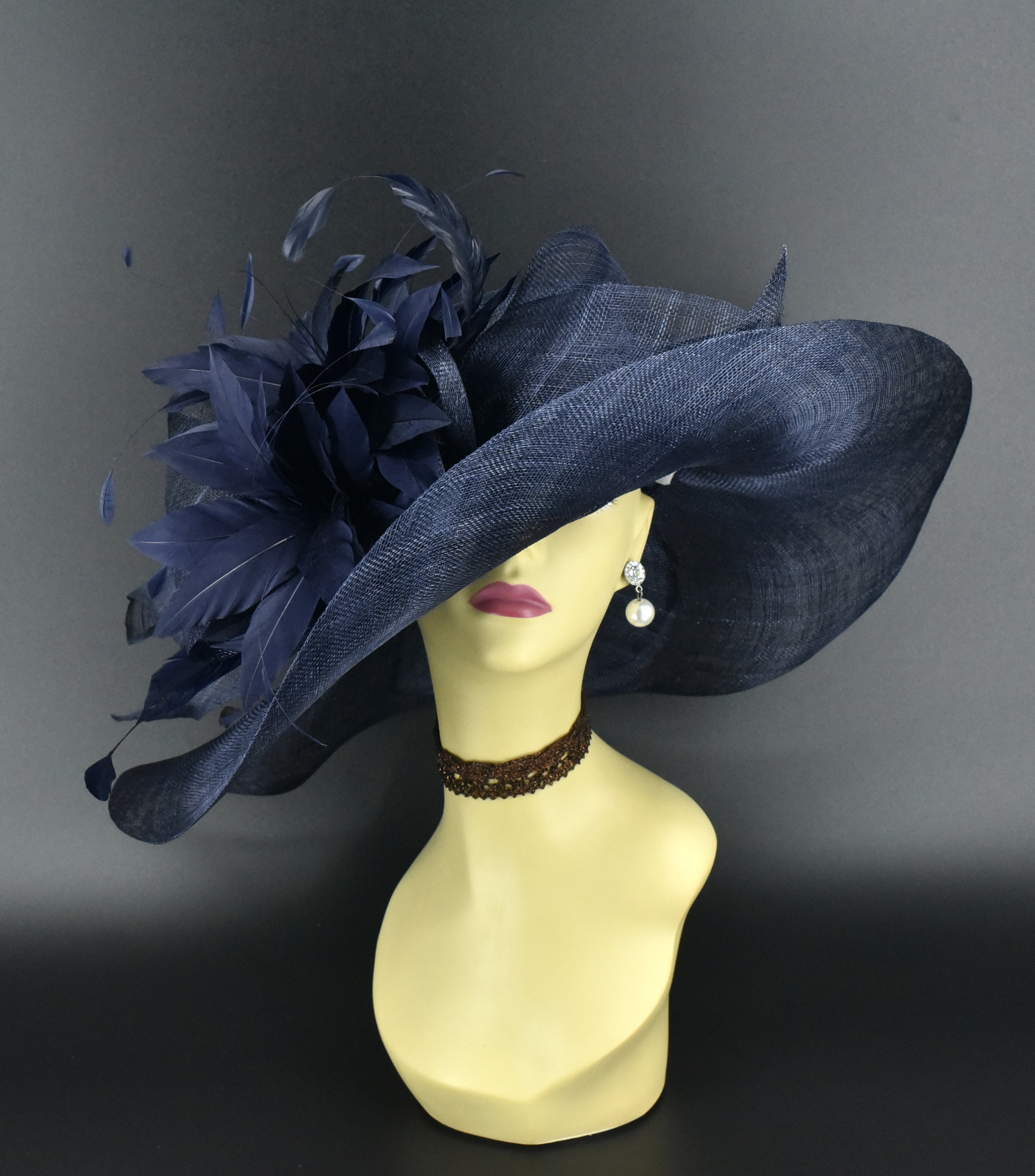 Large flower dress hat Navy Vintage Dark Blue Wide Brim Hat, Straw with Big Flower  main image 2