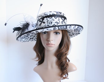 JY03 ( Black/White )Kentucky Derby hat, Church hat, Wedding hat, Carriage hat, Tea Party hat with Feather Medium Brim Satin Dress Hat