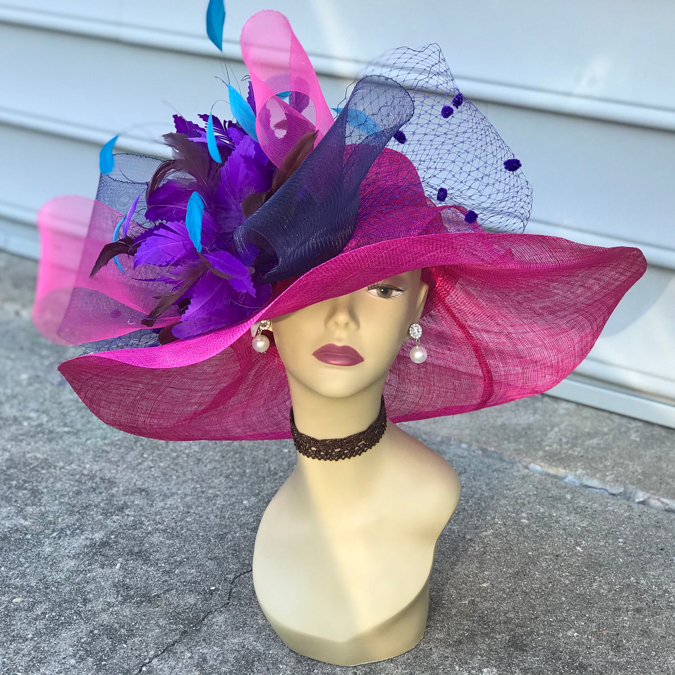 Feathered derbybHat in Plum and Teal weird science SD20 Fuchsia/navy/teal/purple Wide-brim Sinamay Hat  main image 2
