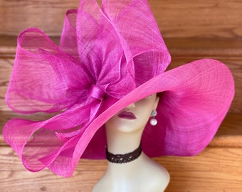 SD28A ( Fuchsia pink )Kentucky Derby Hat, Church Hat, Wedding Hat, Tea Party Hat Jumbo Bow Wide Brim Woman's Sinamay Hat