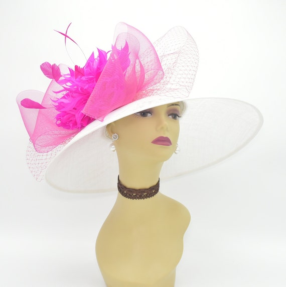 Big Derby / tea party Hat white with pink bow Sf82(off-white/coral) Kentucky Derby, Church, Wedding, Tea  main image 2