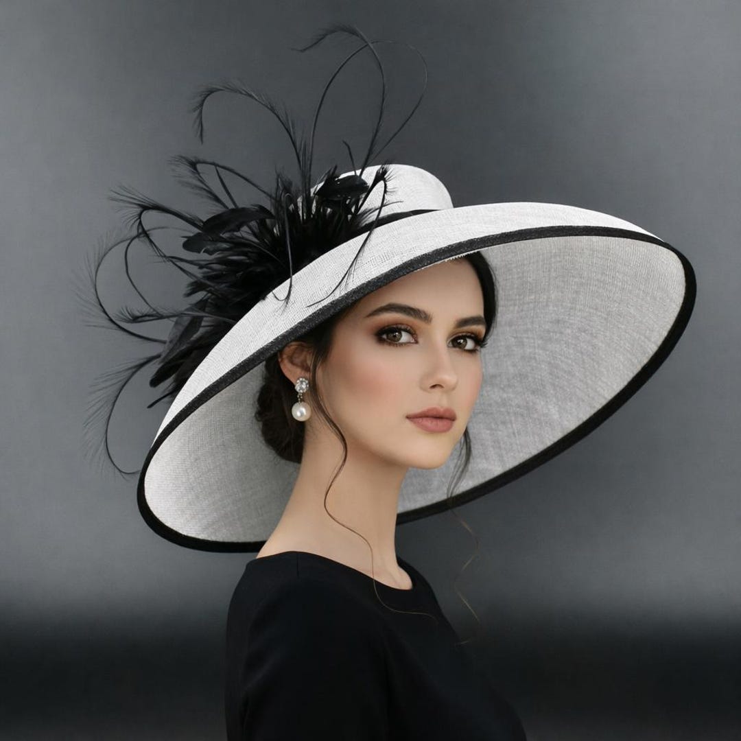 M22022( White Black Hat ) Audrey Hepburn Hat 19.75 display picture 2