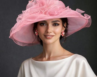 ED319 ( Blush pink ) Kentucky Derby hat, Church hat, Wedding hat, with Ribbon Bow and Feathers Medium Brim 5" Organza Dress Hat