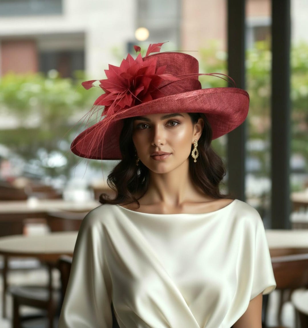 1877 Fascinator Hat For Women, Burgundy Organza Fabric And Feathers, Victorian Burgundy Fascinators Hat Flower Mesh Feathers on a  main image 4