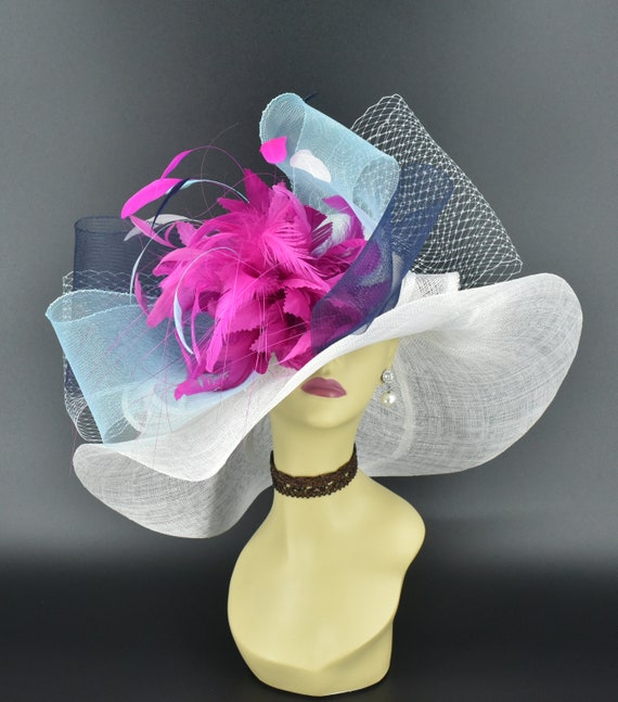 SD20 White/navy/fuchsia Wide-brim Sinamay Hat – Kentucky  display picture 2