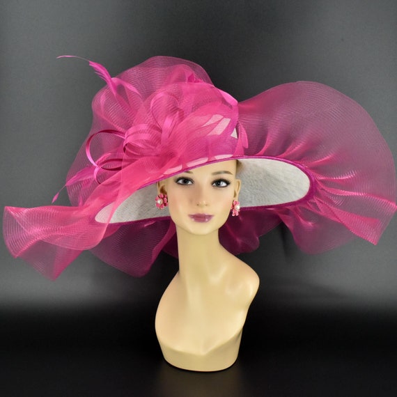 ME241 ( White Fuchsia Hat ) Kentucky Derby Hat, Wedding  display picture 1