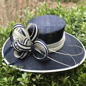 M977(Navy/Ivory) High Quality Kentucky Derby, Church, Wedding, Easter, Tea Party, Royal Ascot Silk Flower Wide Brim Woman Sinamay Hat