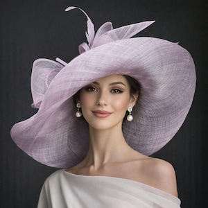 M22019 ( Lilac hat ) Kentucky Derby hat Church hat Wedding hat Tea Party hat Big Bow & Long Feathers Sinamay Floopy Wide Brim Hat