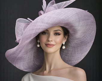 M22019 ( Lilac hat ) Kentucky Derby hat Church hat Wedding hat Tea Party hat Big Bow & Long Feathers Sinamay Floopy Wide Brim Hat