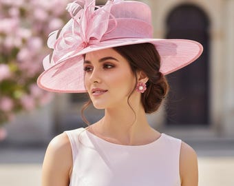 M23012 (Rosa) Sombrero Kentucky Derby Sombrero de iglesia Sombrero de boda Sombrero de Pascua Sombrero de fiesta de té y lazo de plumas Sombrero de ala ancha de sinamay