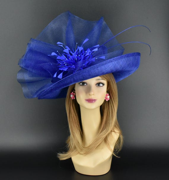 Statement Royal Blue Feathered Wide-Brim Hat s132026995790695179_p11409_i1_  main image 3