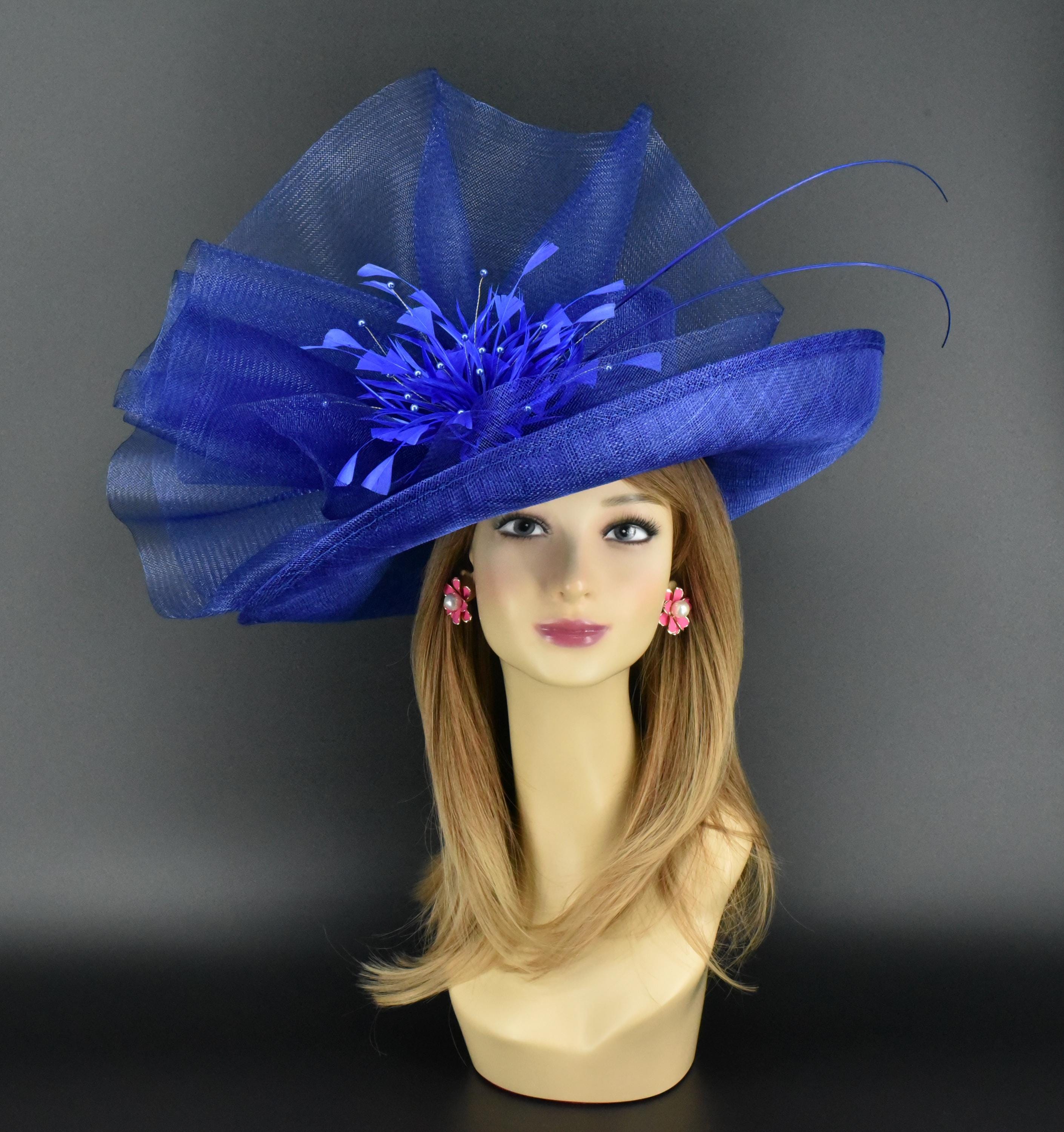 KY Derby Royal Wildcat Blue Feather Sinamay Disc Hat Wide Brim Formal Fascinator SD17( White/royal Blue )kentucky Derby Hat, Church Hat  main image 4